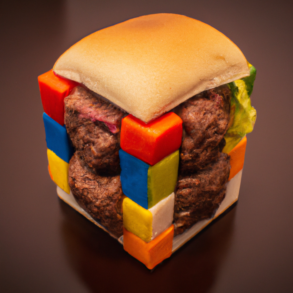 A hamburger in the shape of a Rubik’s cube, professional food photography
