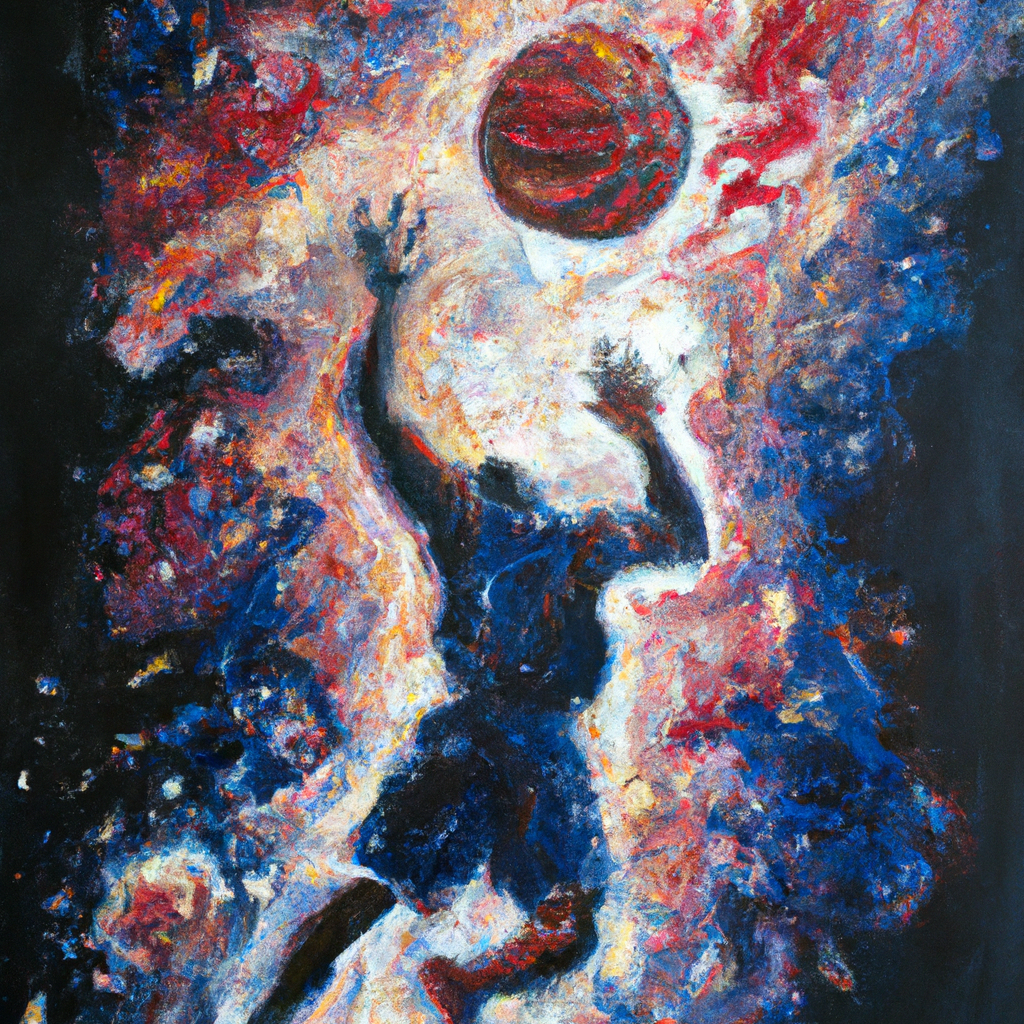 An expressive oil painting of a basketball player dunking, depicted as an explosion of a nebula.