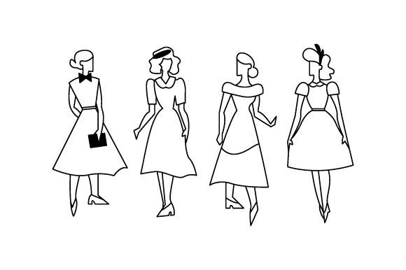 Vintage Fashion Girls Line Art Illustration