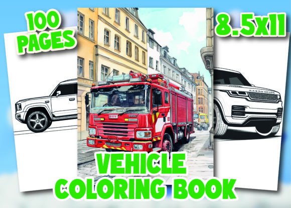Vehicle Coloring Book Cover featuring Fire Truck, SUV, and Range Rover