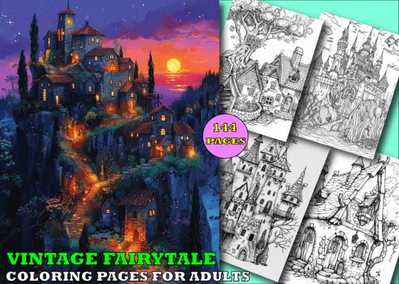 Fantasy village scene with castle and houses on cliffside from Vintage Fairytale Coloring Pages cover
