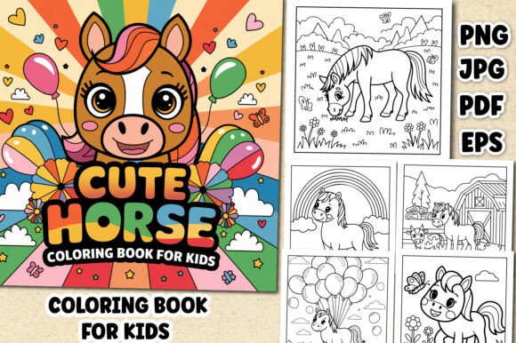 Cute Horse Coloring Book Cover featuring a cartoon horse with colorful mane and playful scenes