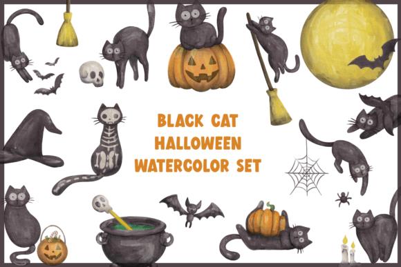 Halloween watercolor set featuring black cats, pumpkins, bats, and spooky elements