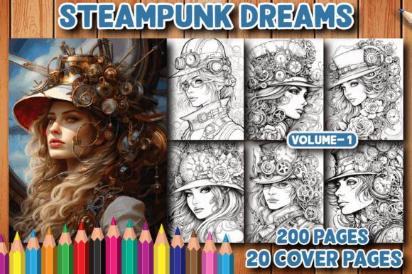 Steampunk Dreams Coloring Book Cover featuring gears, mechanical elements, and steampunk characters