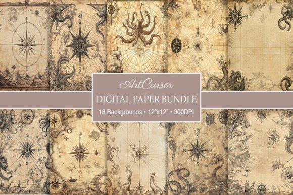 Vintage Nautical Map Digital Paper Bundle