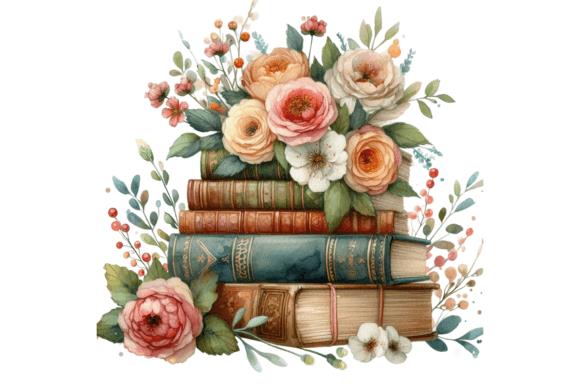 Watercolor Vintage Books with Flowers Coloring Design