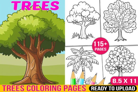Tree coloring page with pink TREES text