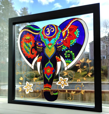 Elephant art 13x13 Om Bohemian glass painting / glass art 