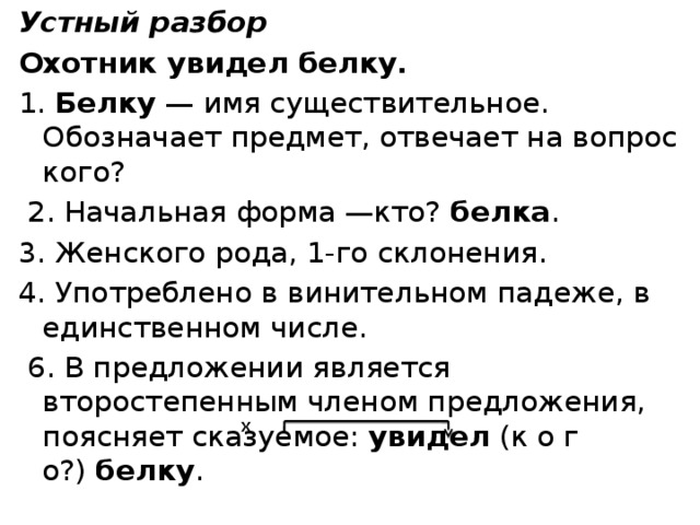 Устный разбор Охотник увидел белку. 1.  Белку  — имя существительное. Обозначает предмет, отвечает на вопрос кого?  2. Начальная форма —кто?  белка . 3. Женского рода, 1-го склонения. 4. Употреблено в винительном падеже, в единственном числе.  6. В предложении является второстепенным членом предложения, поясняет сказуемое:  увидел  (к о г о?)  белку . x