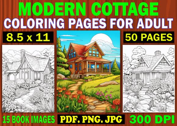 Modern Cottage Coloring Pages for Adults featuring house and garden illustrations