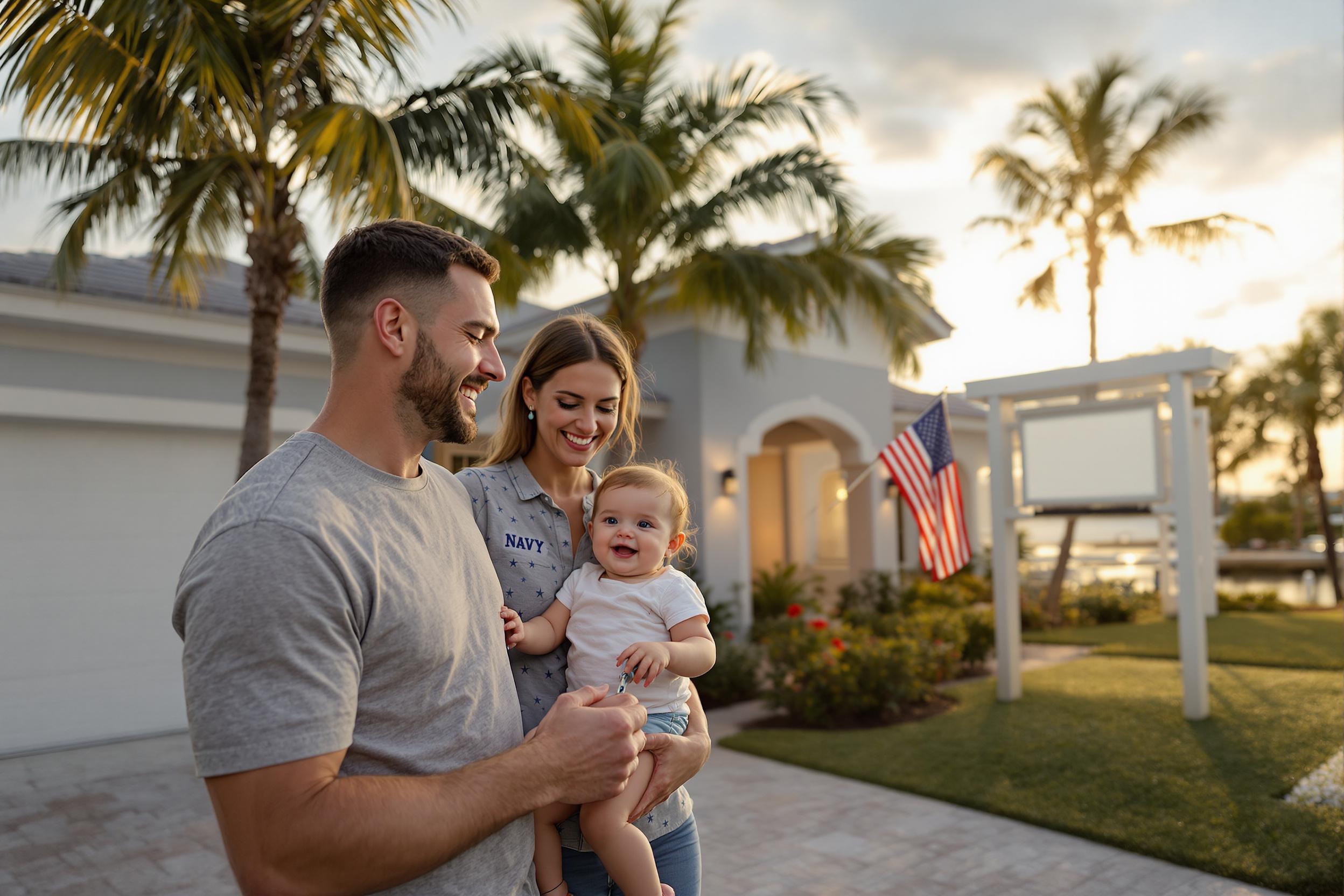 A military veteran and family smiling in front of their new waterfront home in Fort Myers with American flag and palm trees
