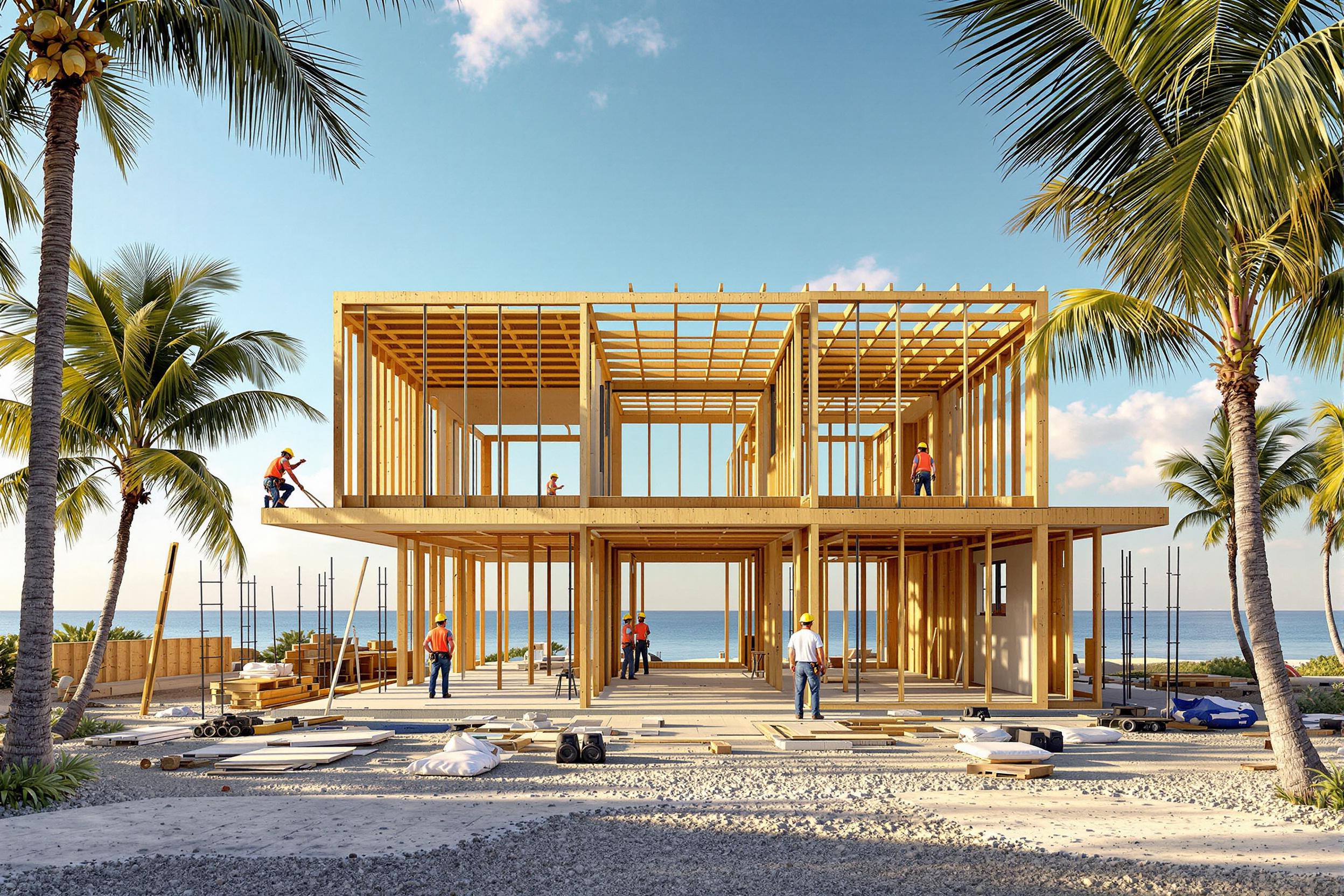 Construction site of a coastal home in Southwest Florida with palm trees and building framework against a bright blue sky