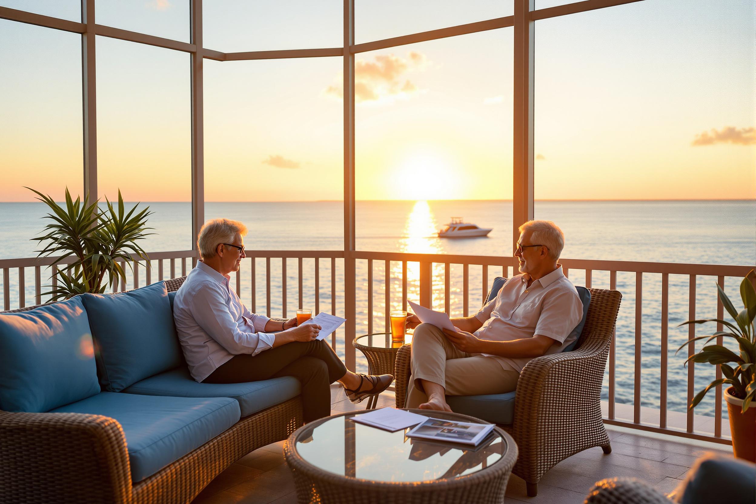 Relaxed homeowners reviewing HELOC documents on their Fort Myers waterfront lanai with Gulf sunset views
