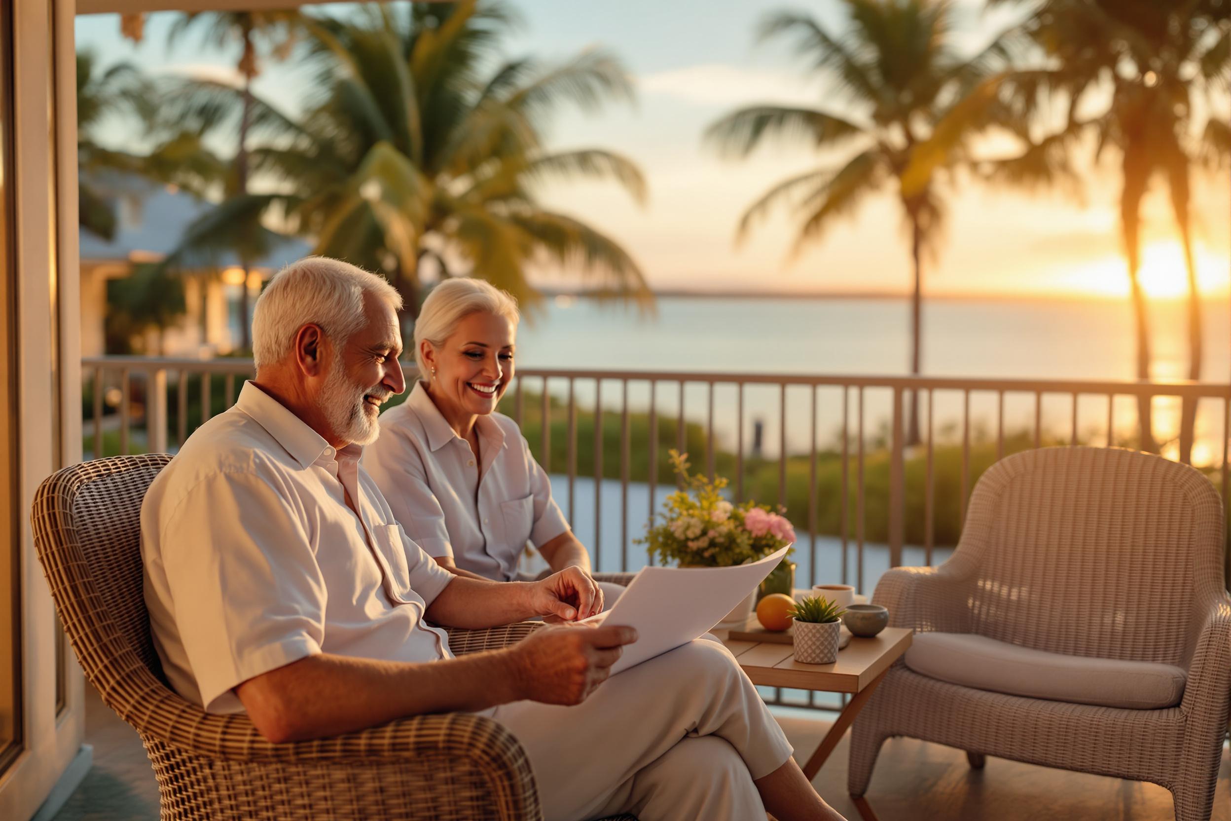 Senior couple enjoying sunset on their waterfront lanai in Fort Myers with financial documents on a table beside them