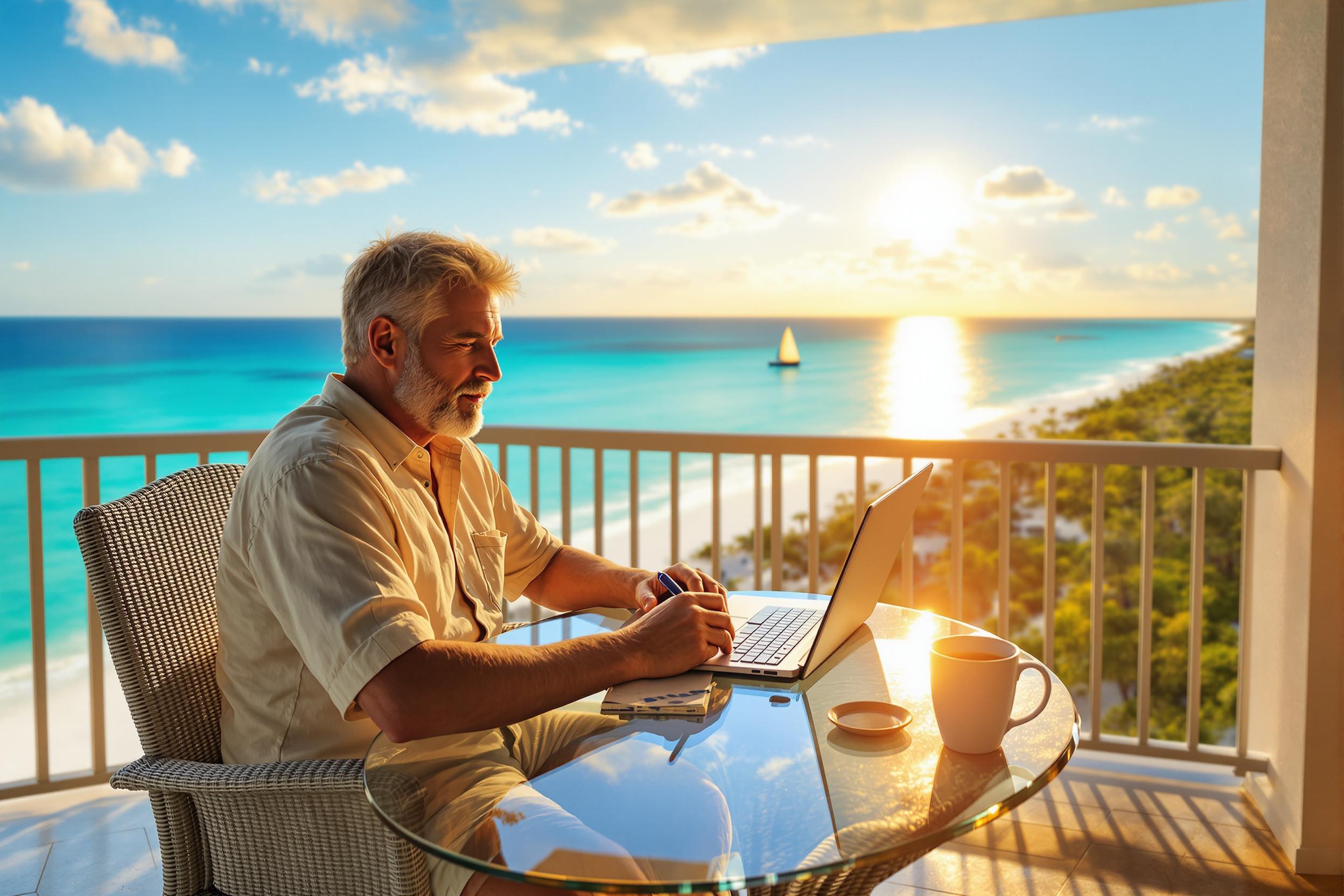 Person reviewing credit report on a laptop while sitting on a sunny lanai overlooking the Gulf waters of Southwest Florida