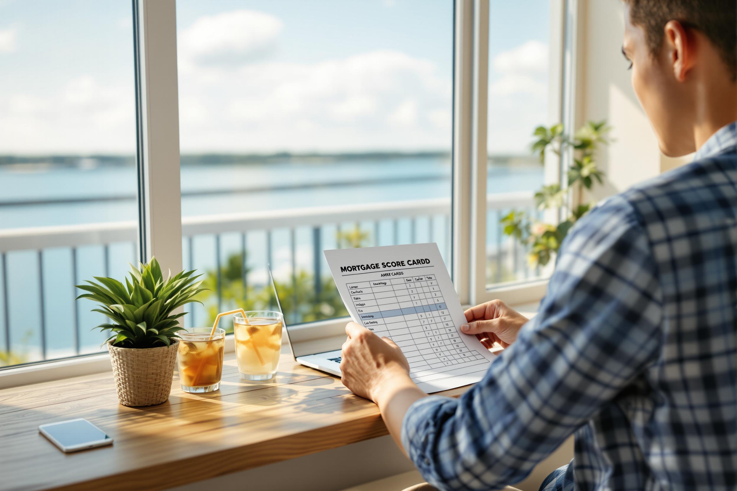 Person at a coastal desk comparing mortgage lender options with a personalized scorecard and Sarasota Bay visible through a window