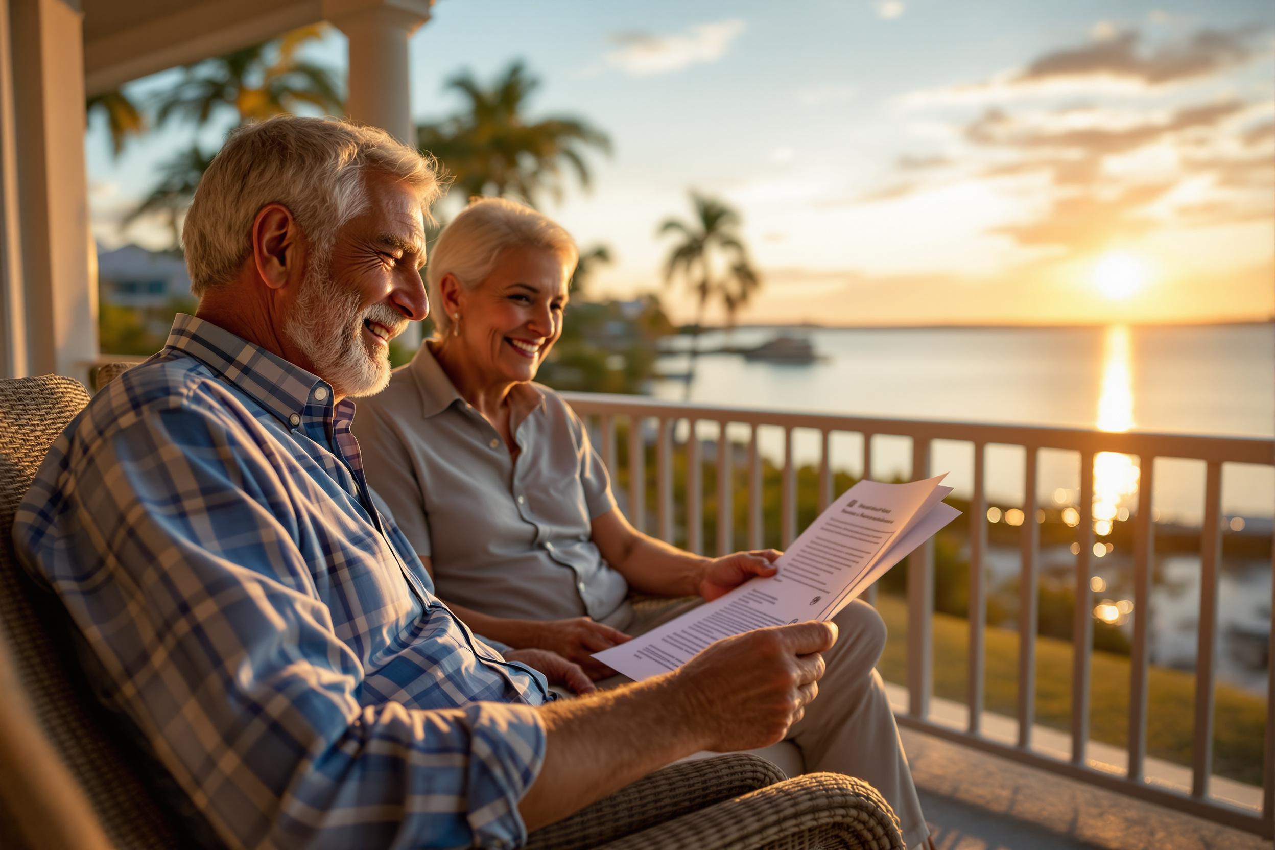 Senior couple reviewing mortgage documents on the lanai of their Southwest Florida waterfront home with palm trees and Gulf views in background
