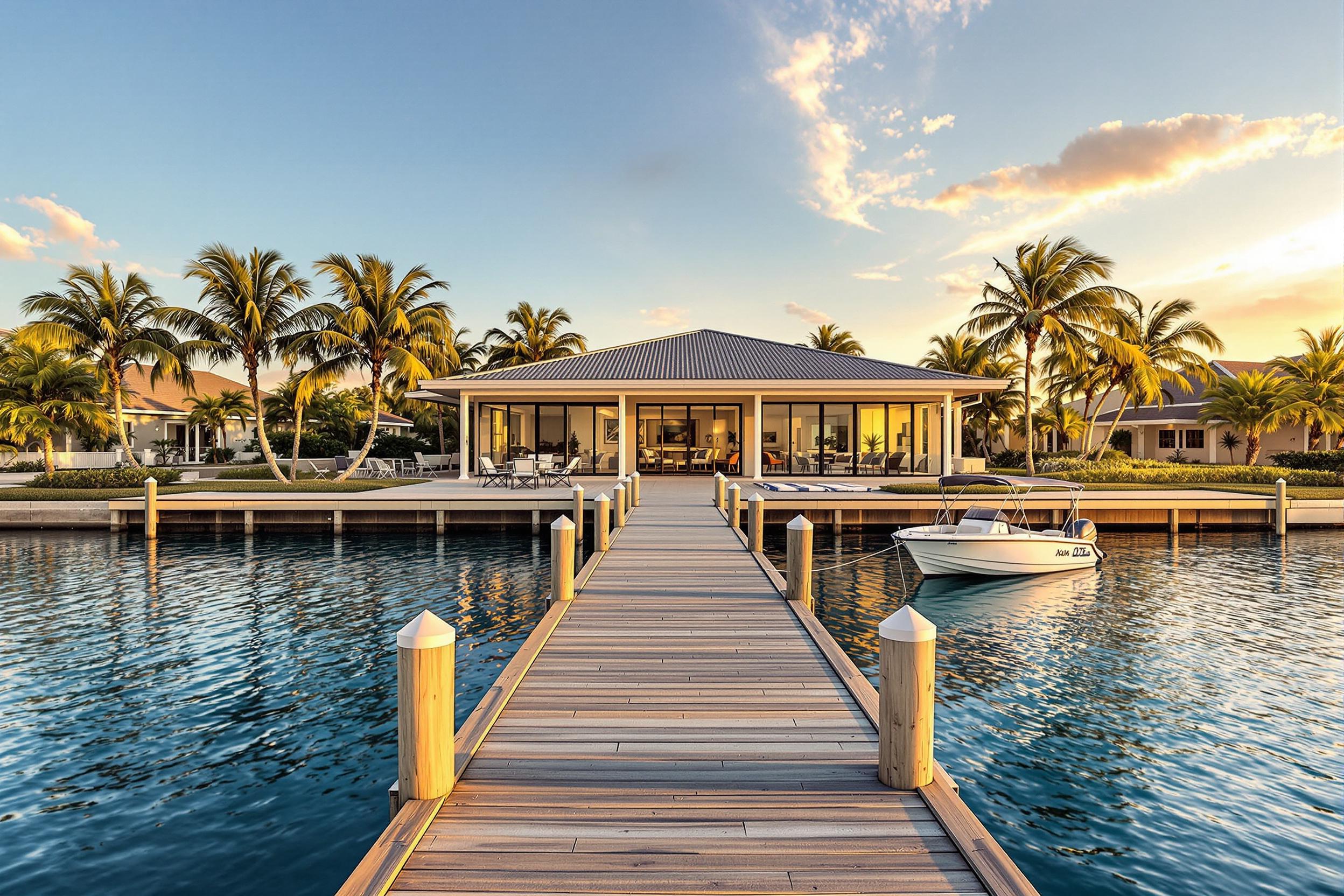 Waterfront vacation home in Fort Myers with dock and palm trees at sunset, representing second home financing options