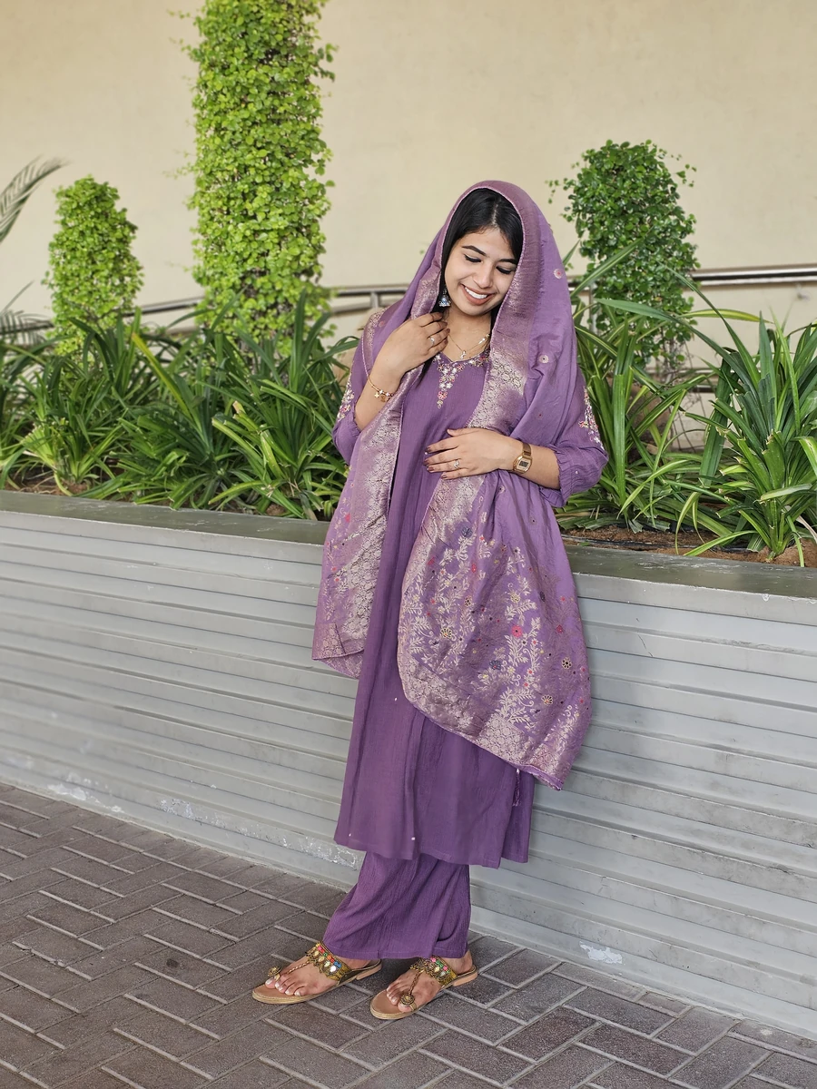 Purple Hand-Embroidered Kurta with Banarasi Dupatta