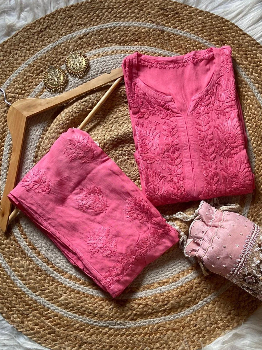 Lucknow Chikankari 3-Piece Set – Long Kurta & Palazzo