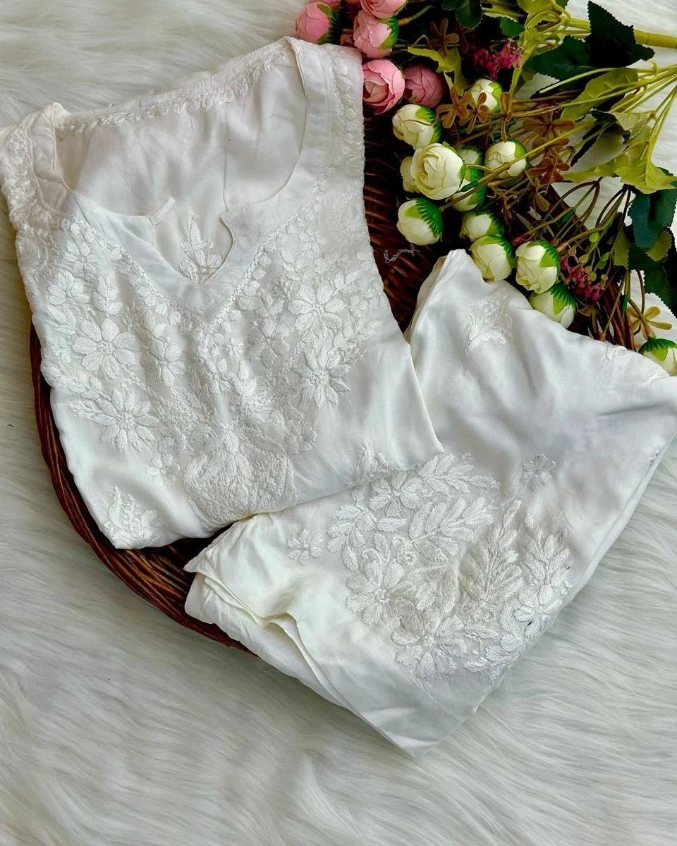 Lucknow Chikankari 3-Piece Set – Long Kurta & Palazzo_White