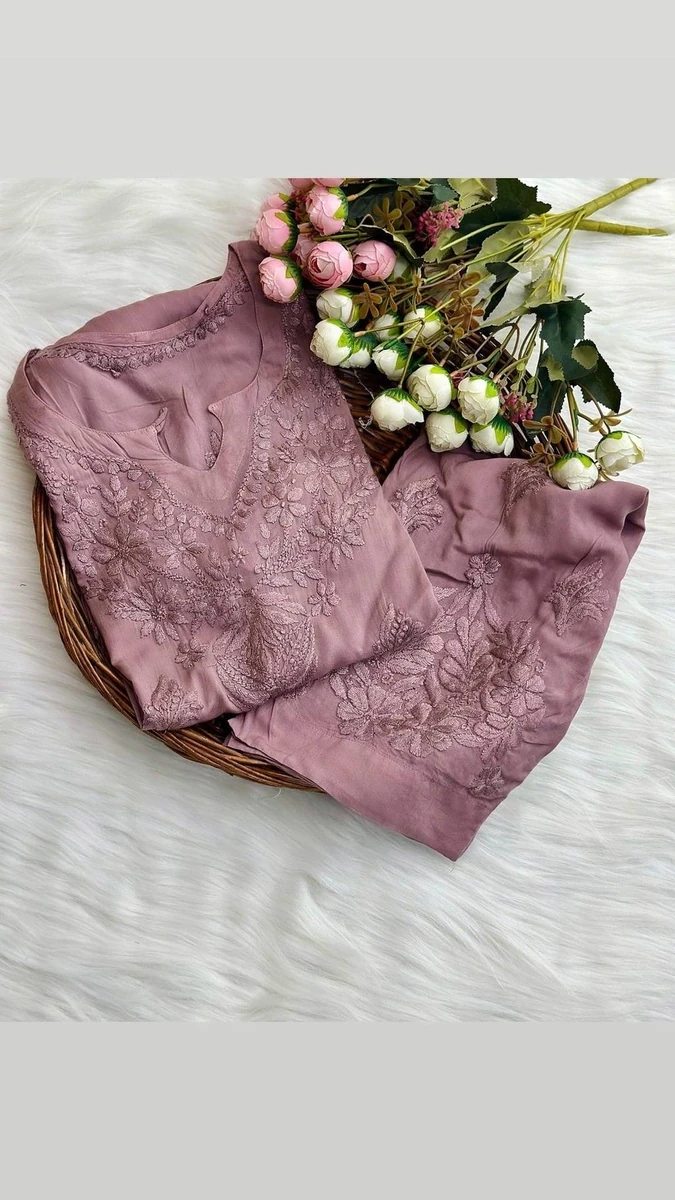 Lucknow Chikankari 3-Piece Set – Long Kurta & Palazzo_Onion