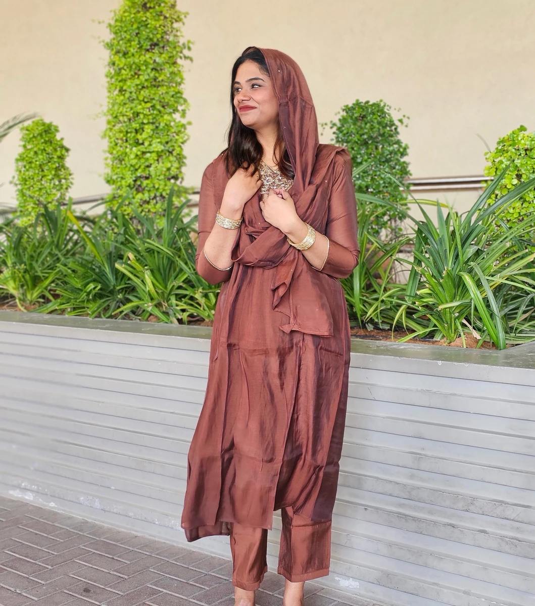 Mulchanderi Salwar Suit Coffee Brown
