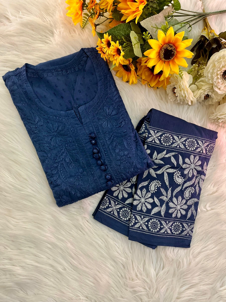 Premium Chikankari Pure Cotton 3-Piece Suit_Teal Blue