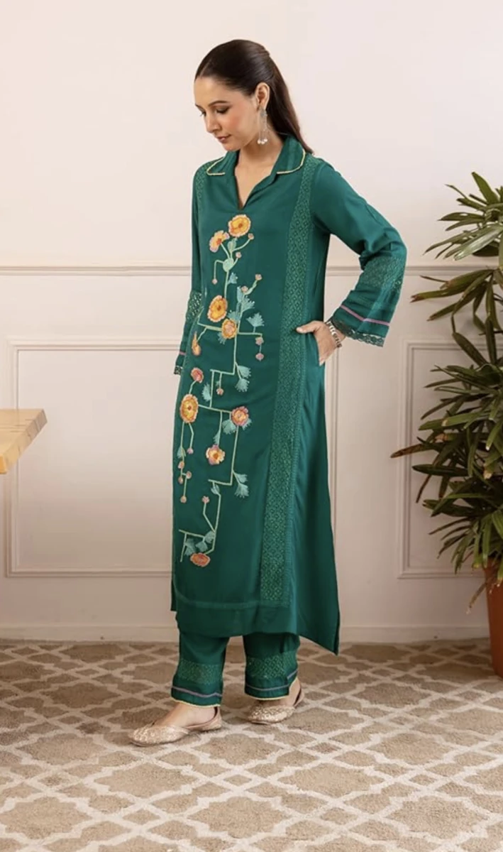 Viscose Rayon Kurti with Palazzo Pant – Floral Embroidery & Lace Detailing