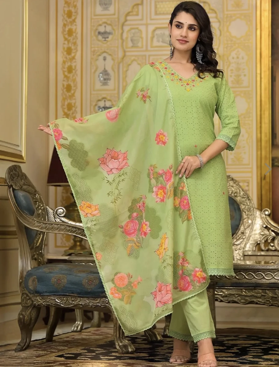 Zari Threadwork Cotton Schiffli Kurta