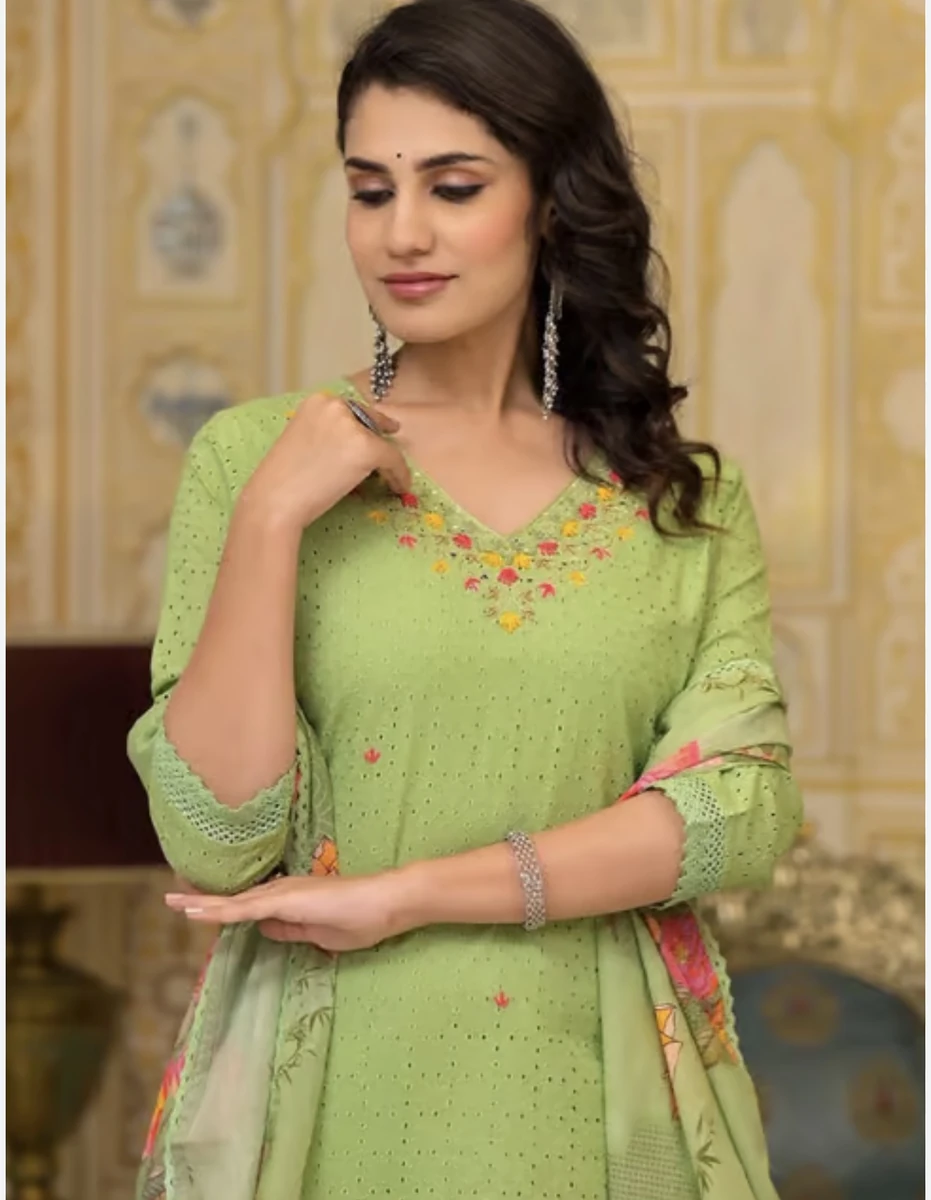 Zari Threadwork Cotton Schiffli Kurta