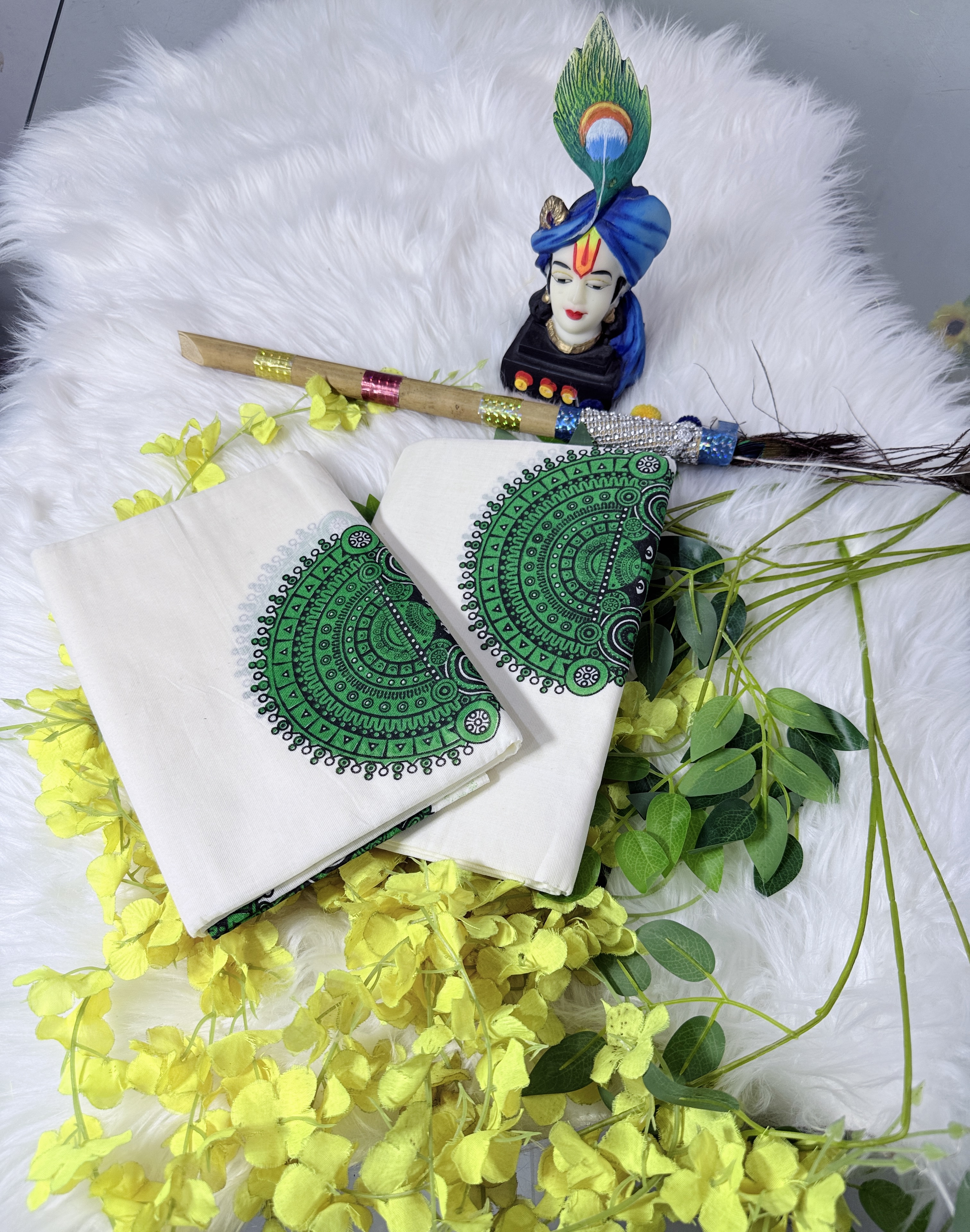 Cotton set mundu with green Theyyam design 💚