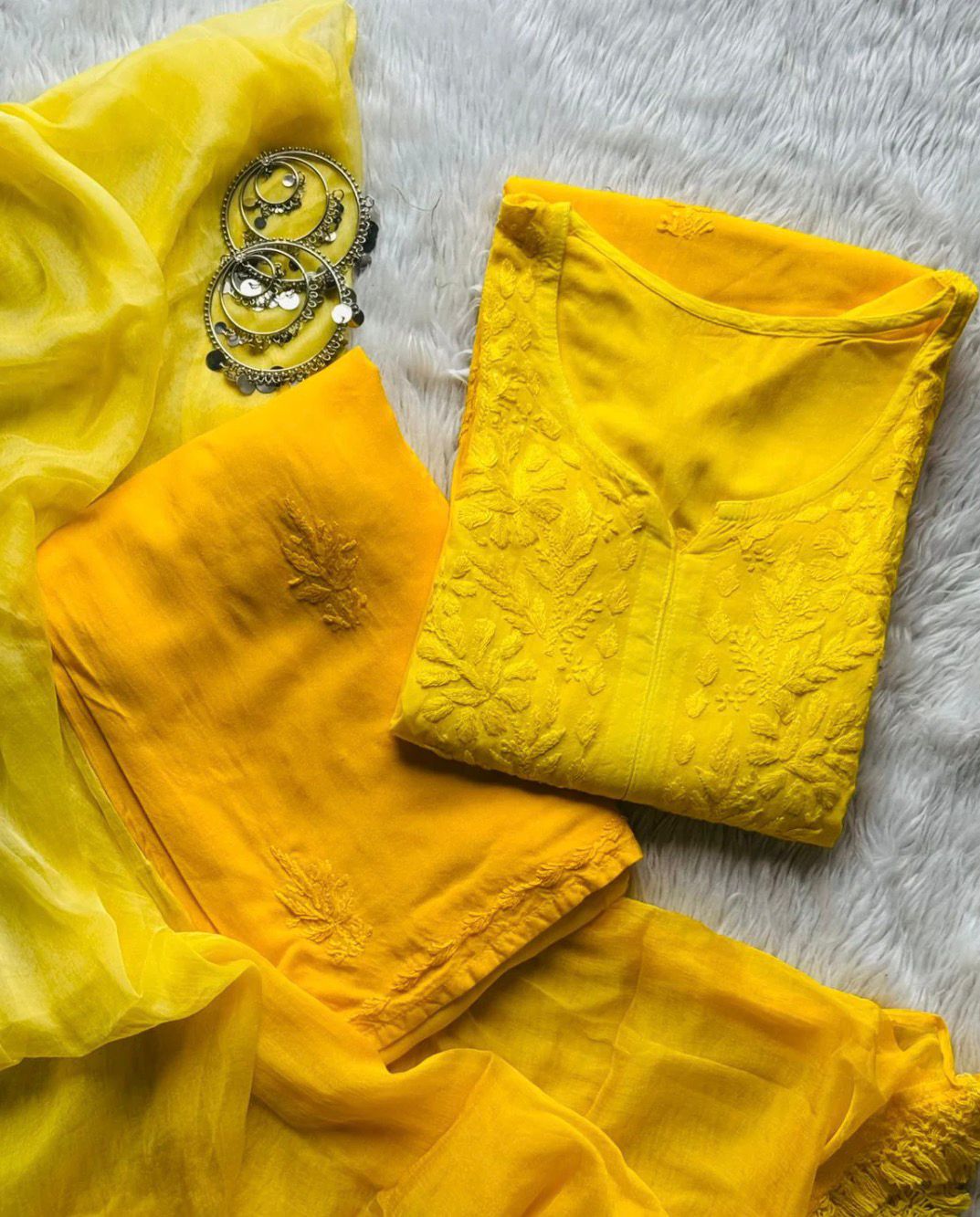 Lucknow Chikankari 3-Piece Set – Long Kurta & Palazzo_Yellow
