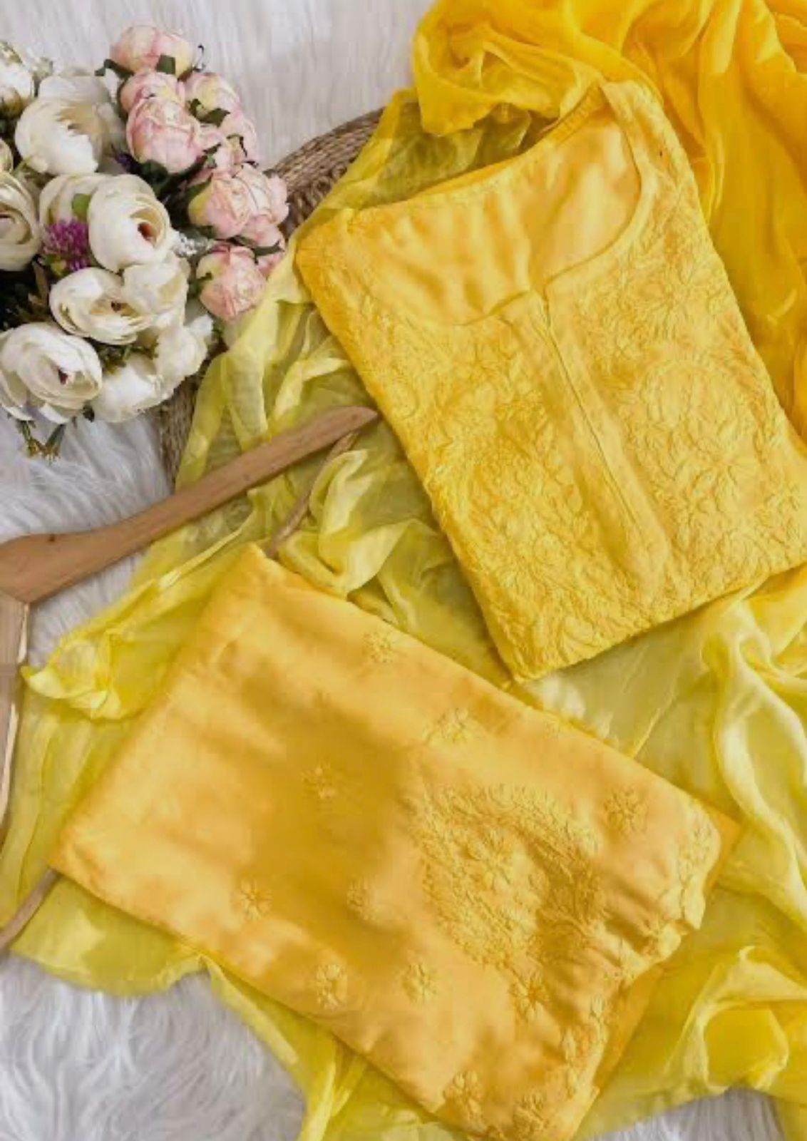 Lucknow Chikankari 3-Piece Set – Long Kurta & Palazzo_Yellow