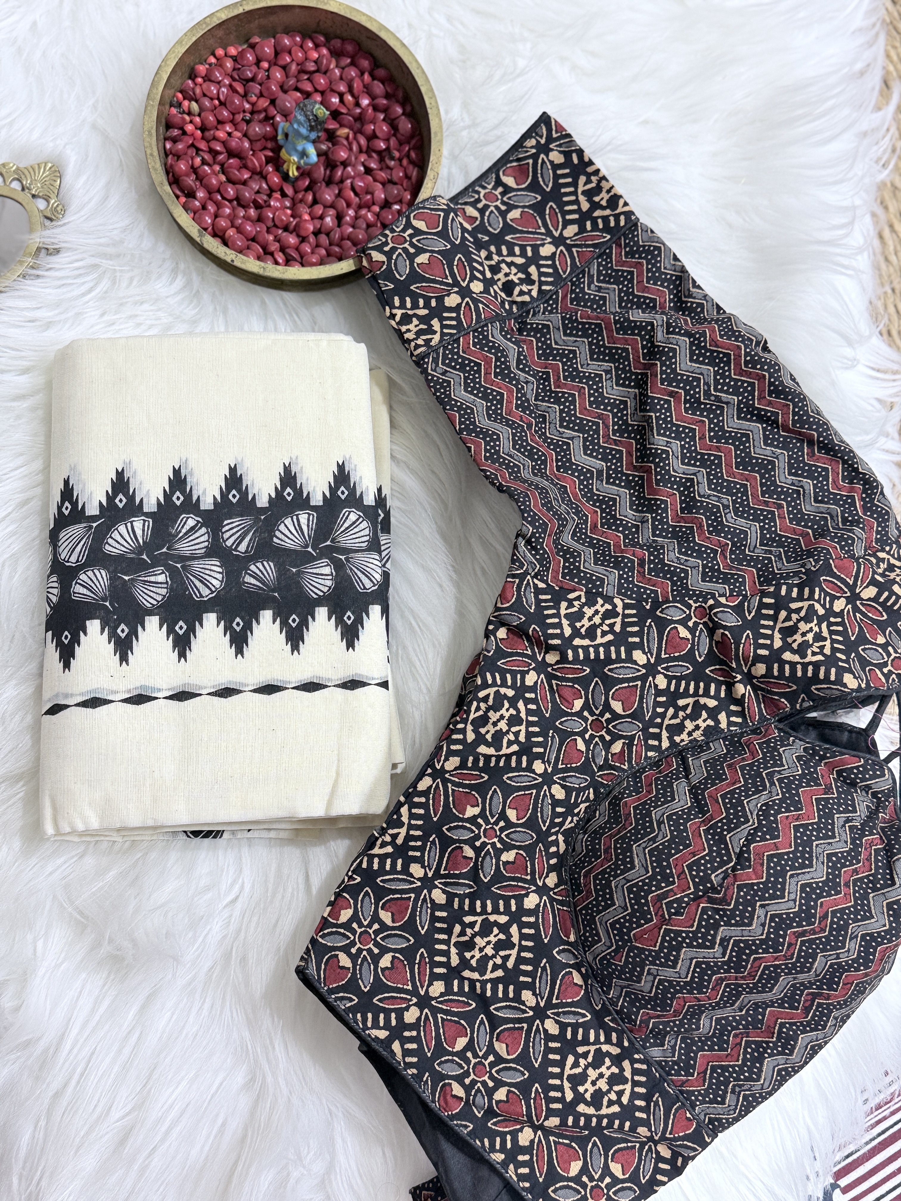 Black Kara Set Mundu With Ajrakh Blouse