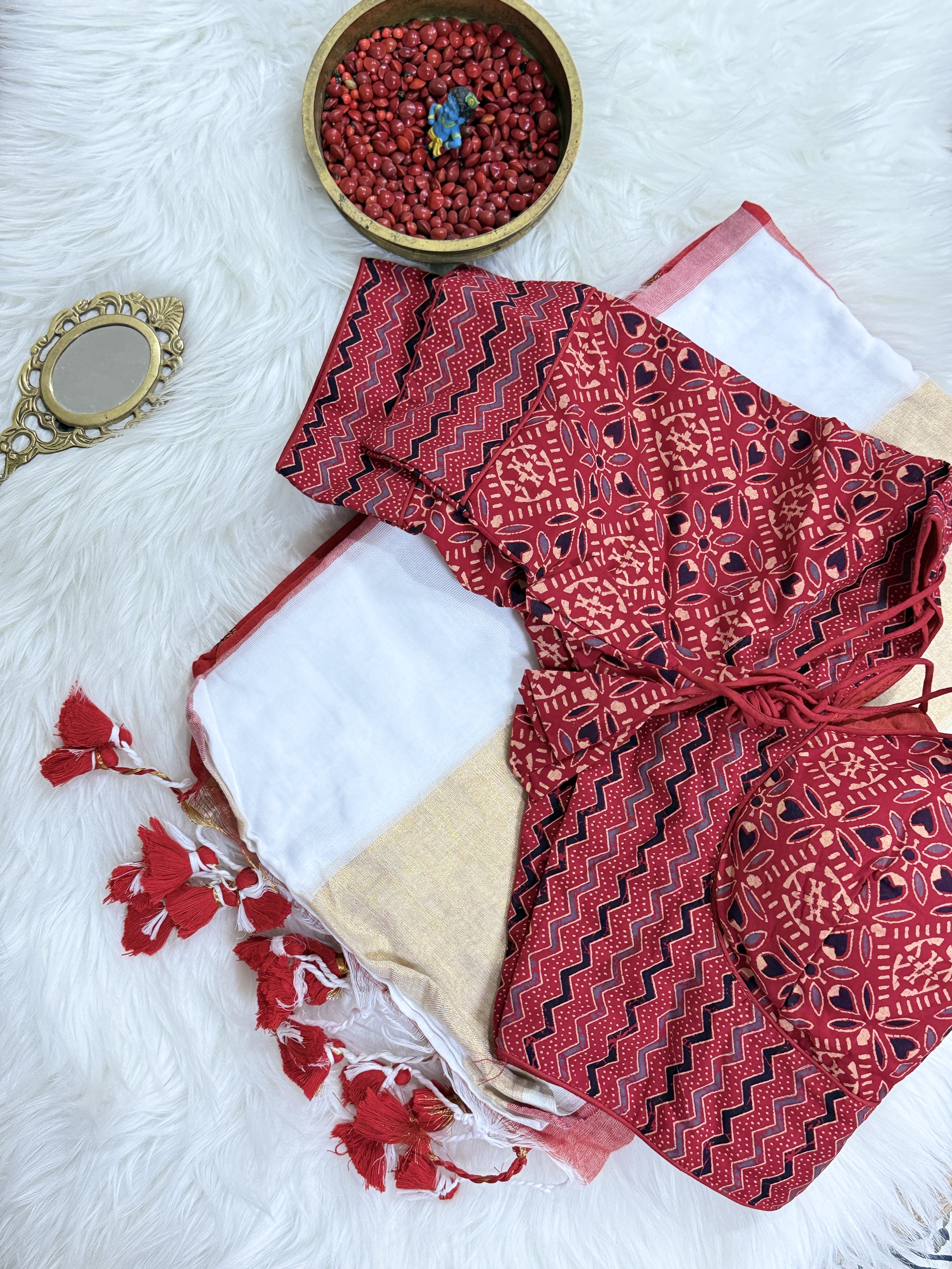 Mul Cotton Saree with Ajrakh Sleeveless Blouse