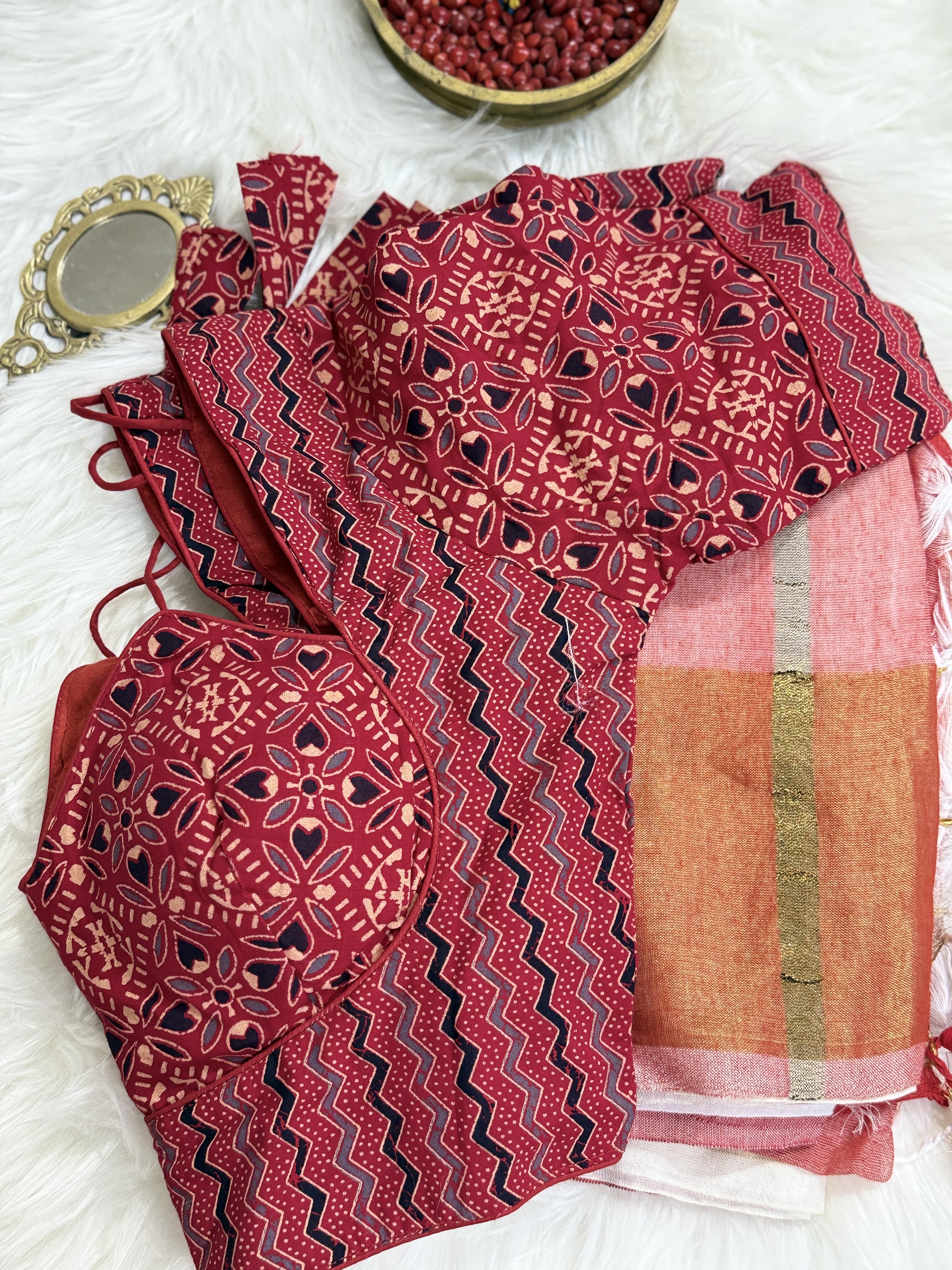 Mul Cotton Saree with Ajrakh Sleeveless Blouse