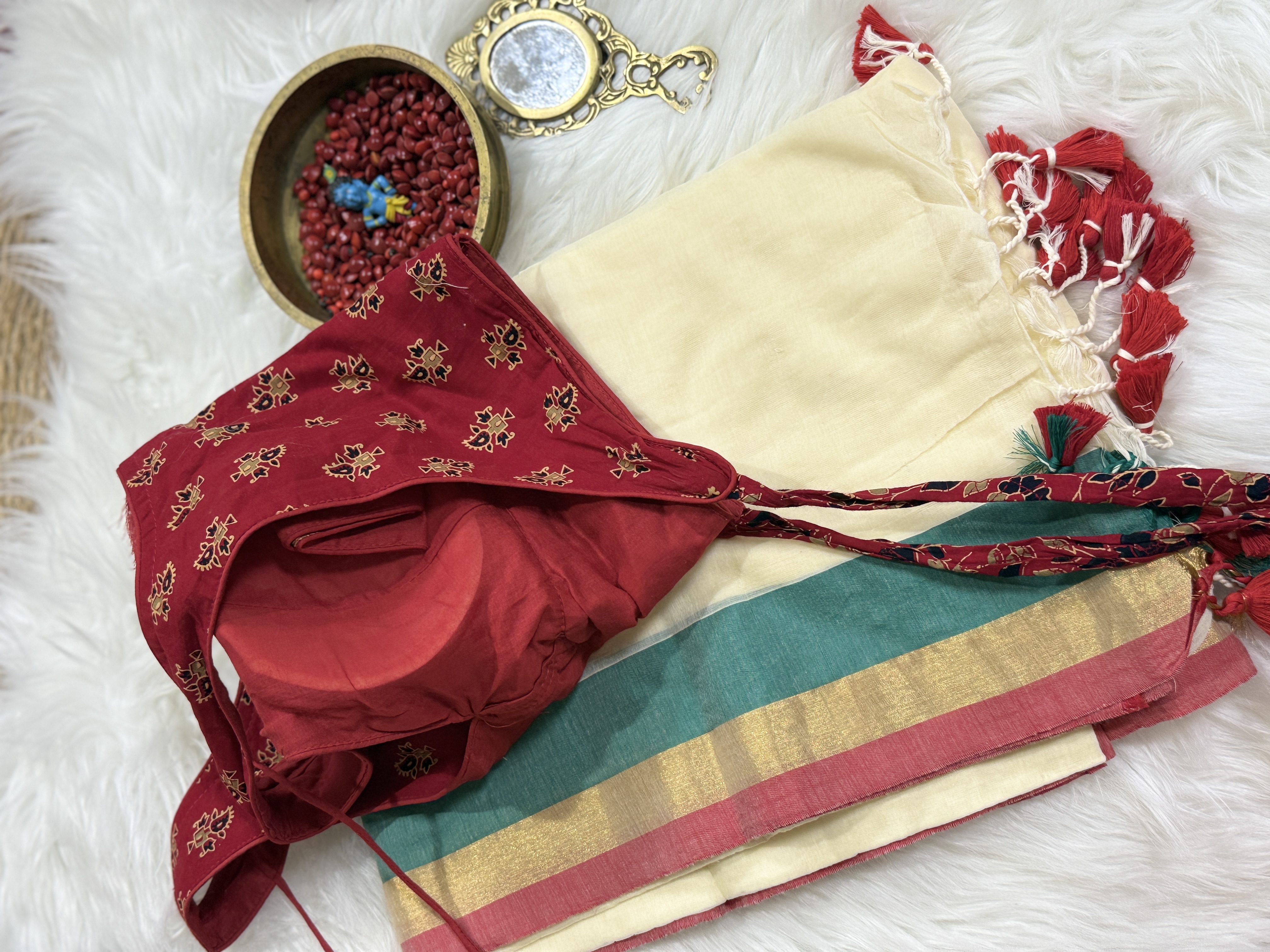 Mul Cotton Saree with Ajrakh Sleeveless Blouse