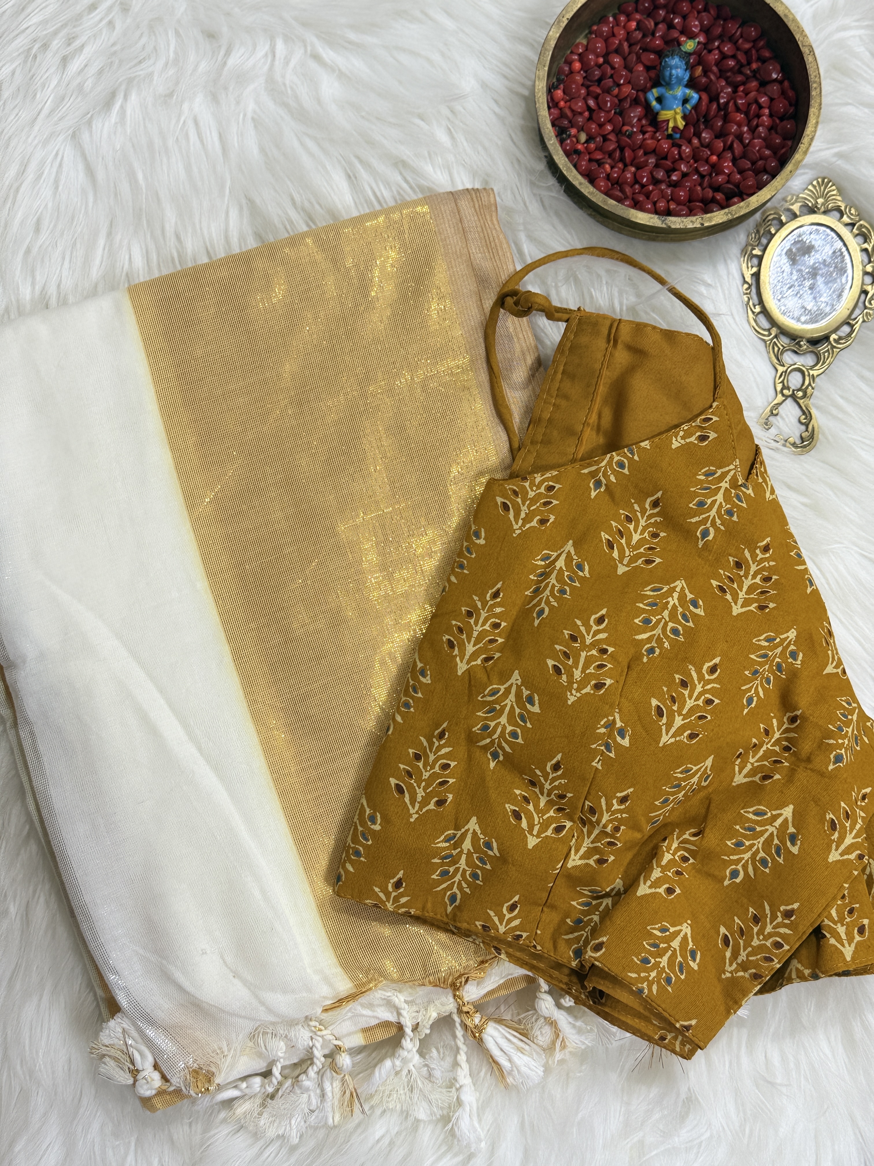 Kerala Cotton Saree with Red & Golden Motif and Ajrakh Blouse Combo