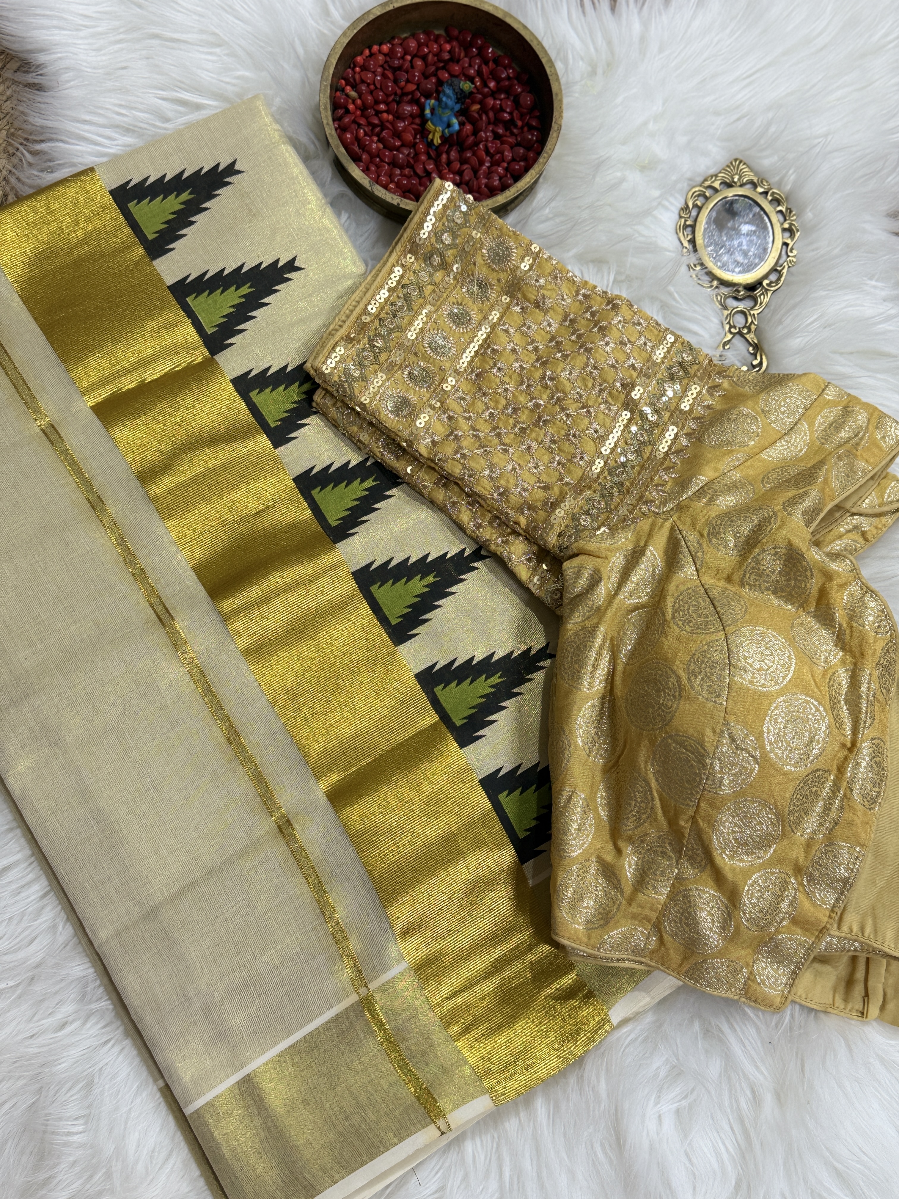 Tissue Saree with Traditional Borders & Matching Blouse