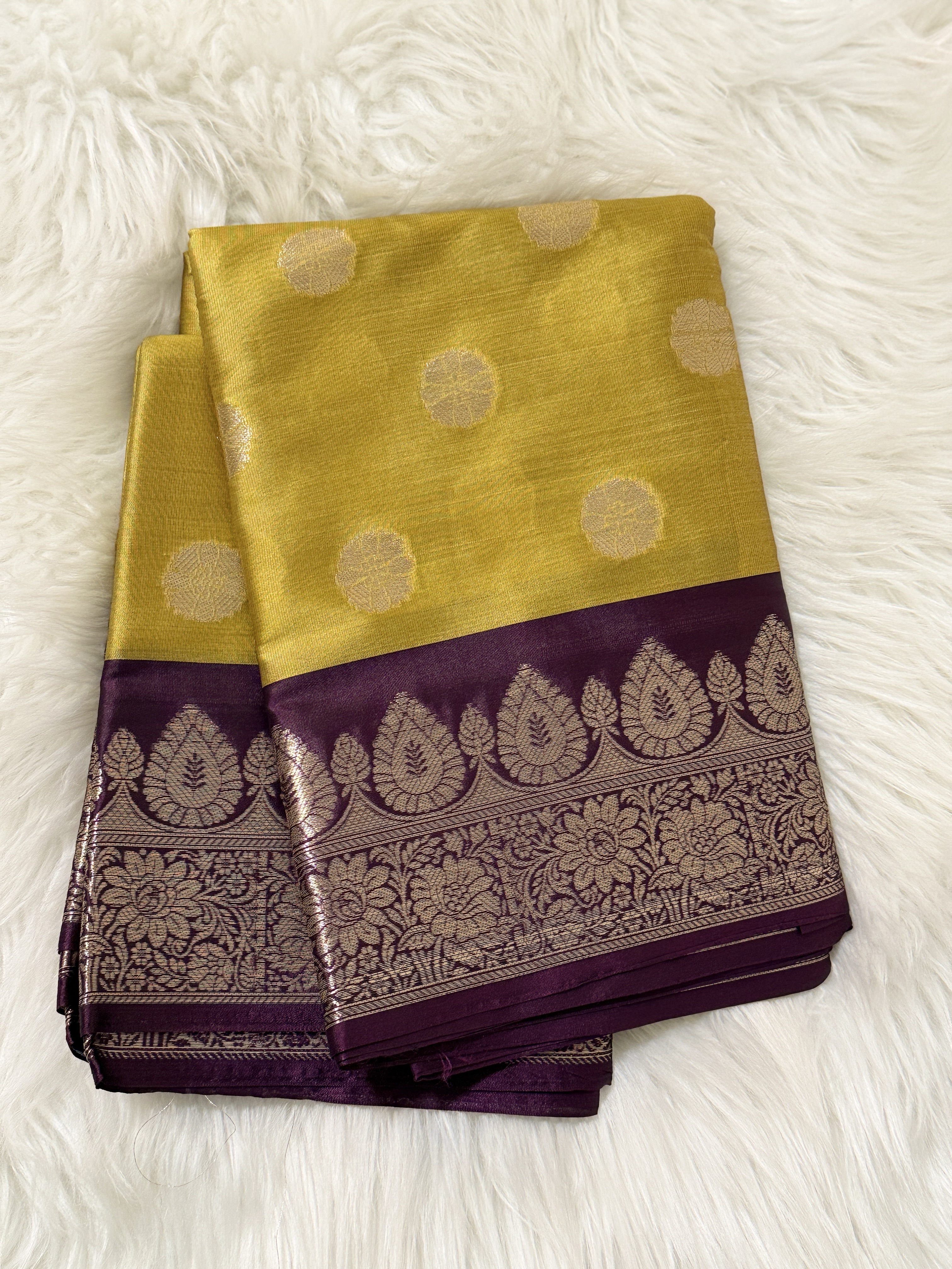 Lemon Yellow Semi Silk Banarasi Saree – Purple Zari Elegance