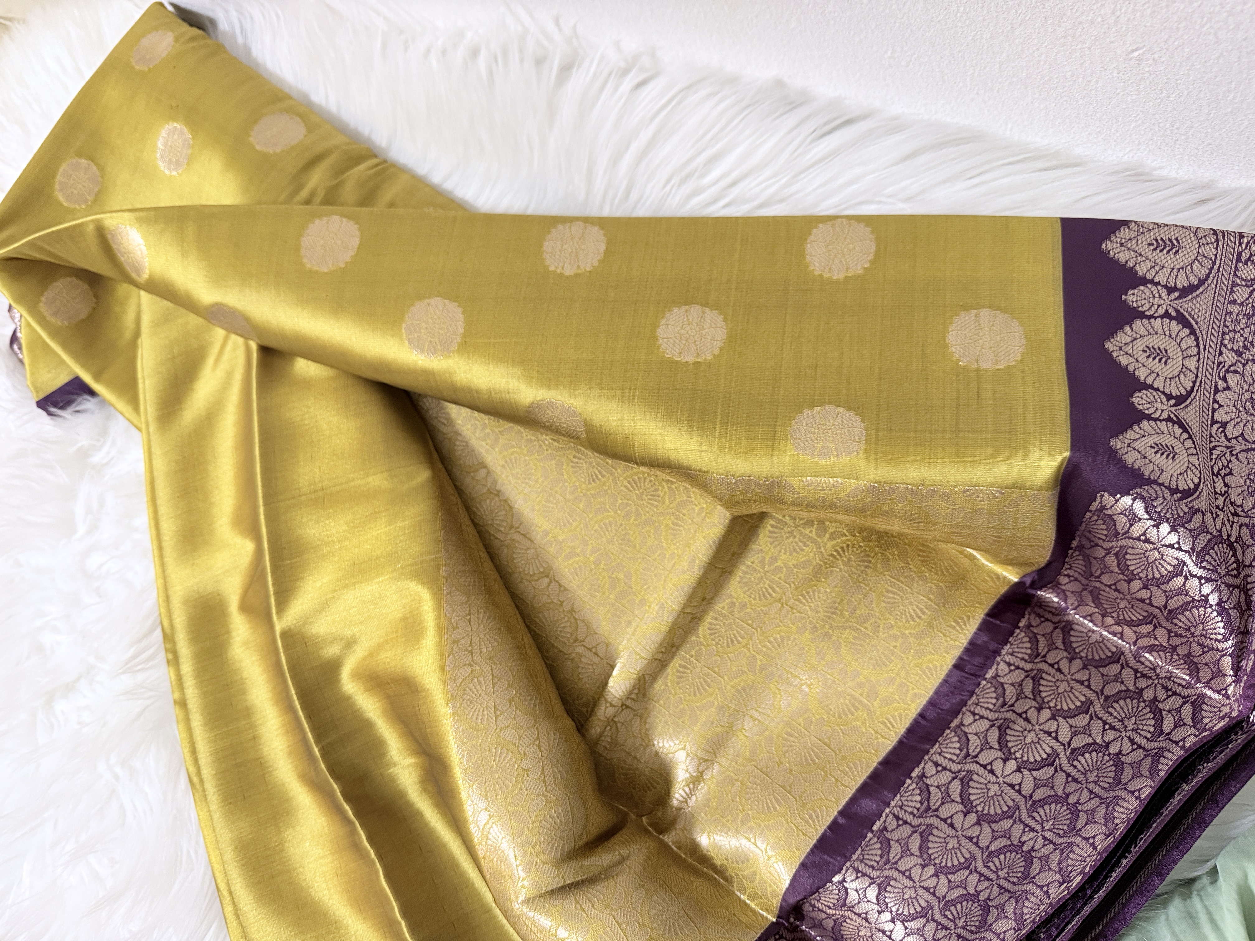 Lemon Yellow Semi Silk Banarasi Saree – Purple Zari Elegance