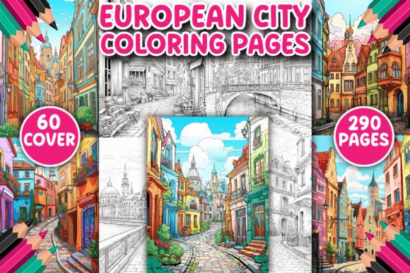 European City Coloring Pages cover featuring pastel cityscapes