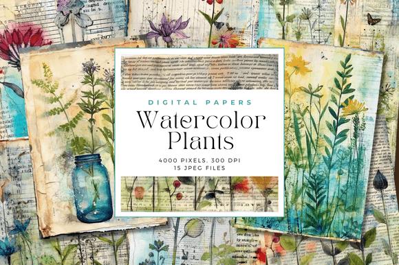 Watercolor Plants Digital Paper Collage