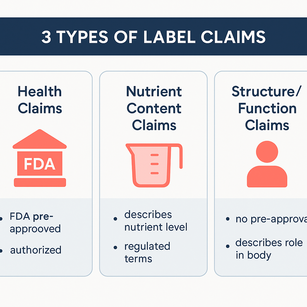 Three types of label claims for dietary supplements structure function well-being deficiency infographic