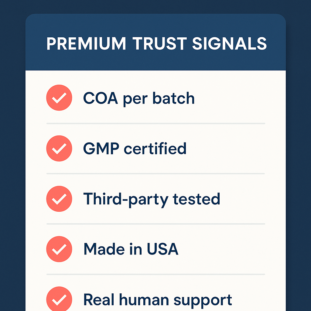 White label supplement trust signals checklist with COA, GMP certification, third-party testing, US manufacturing, and human support