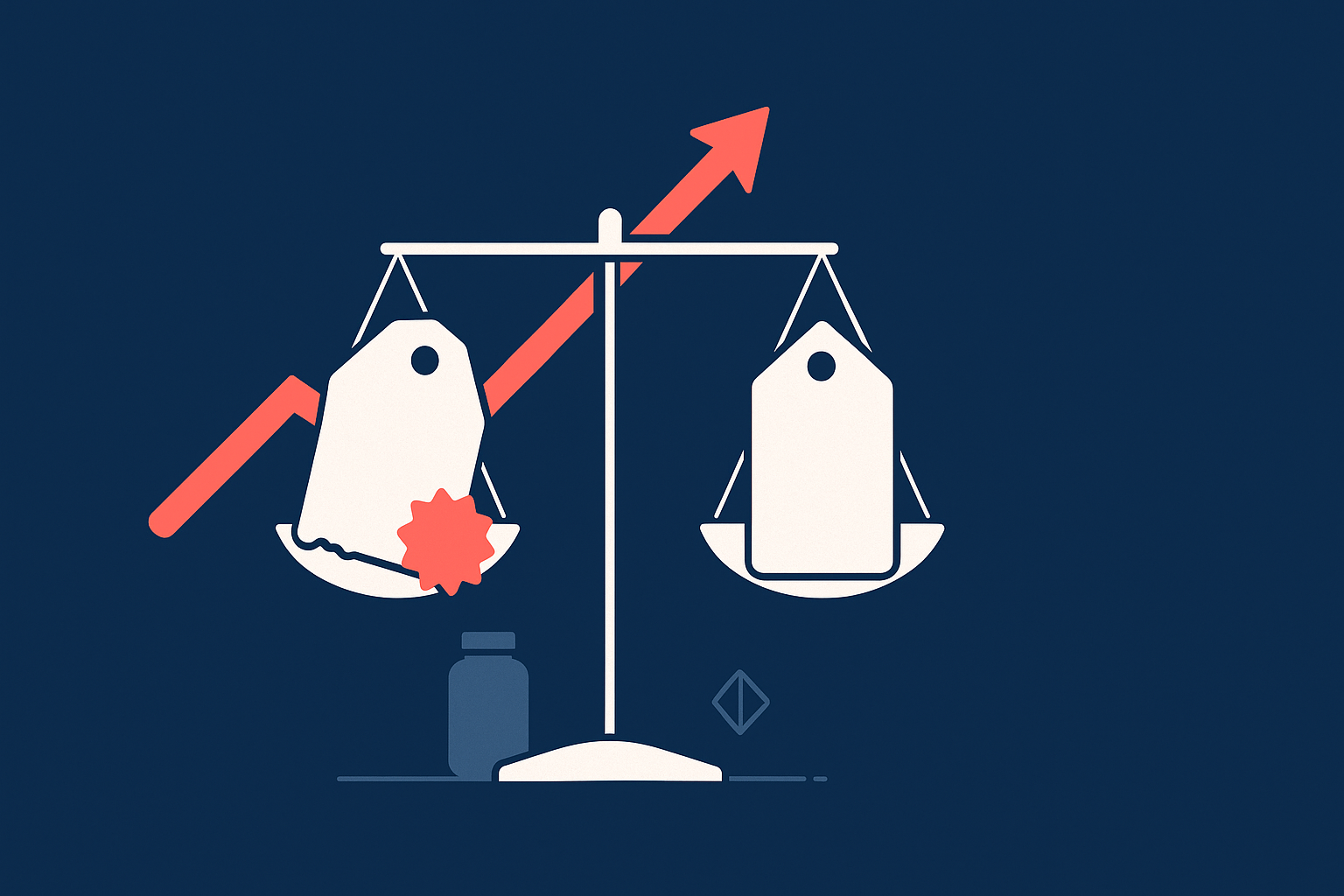 Charm pricing balance scale weighing a discount price tag against a round-number price tag, with a supplement bottle silhouette on a navy background