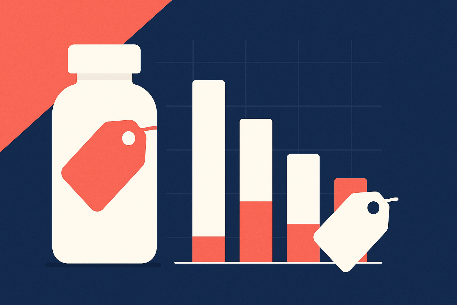 Discount pricing strategy hero with supplement bottle and shrinking bar chart in navy and coral