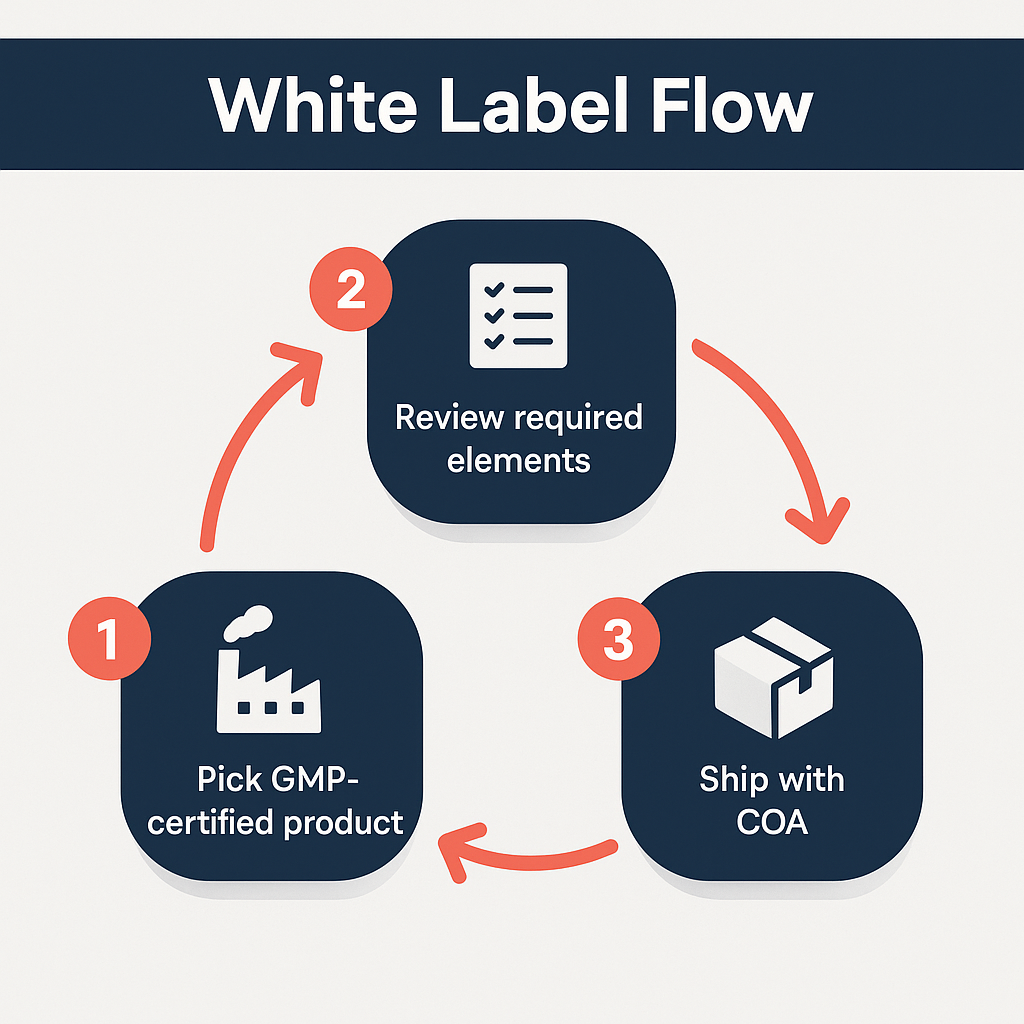 Three-step white label workflow infographic for supplement labeling compliance