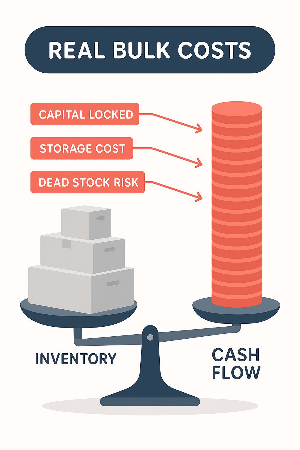 Bulk ordering cost infographic comparing upfront purchase, storage, handling, and dead-stock risk with on-demand dropshipping
